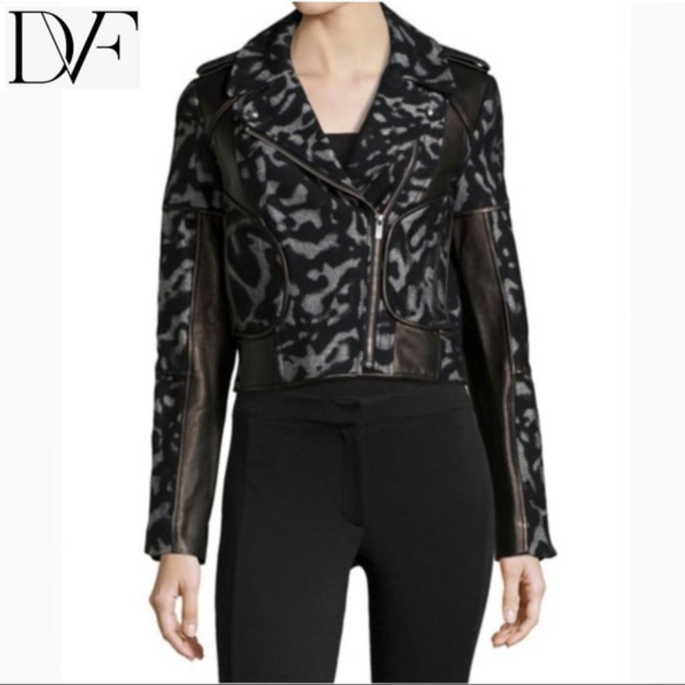 DVF Diane Von Furstenberg Jacket 6 S/M Moto Leather Wool Print Black Grey NWOT - Picture 5 of 15